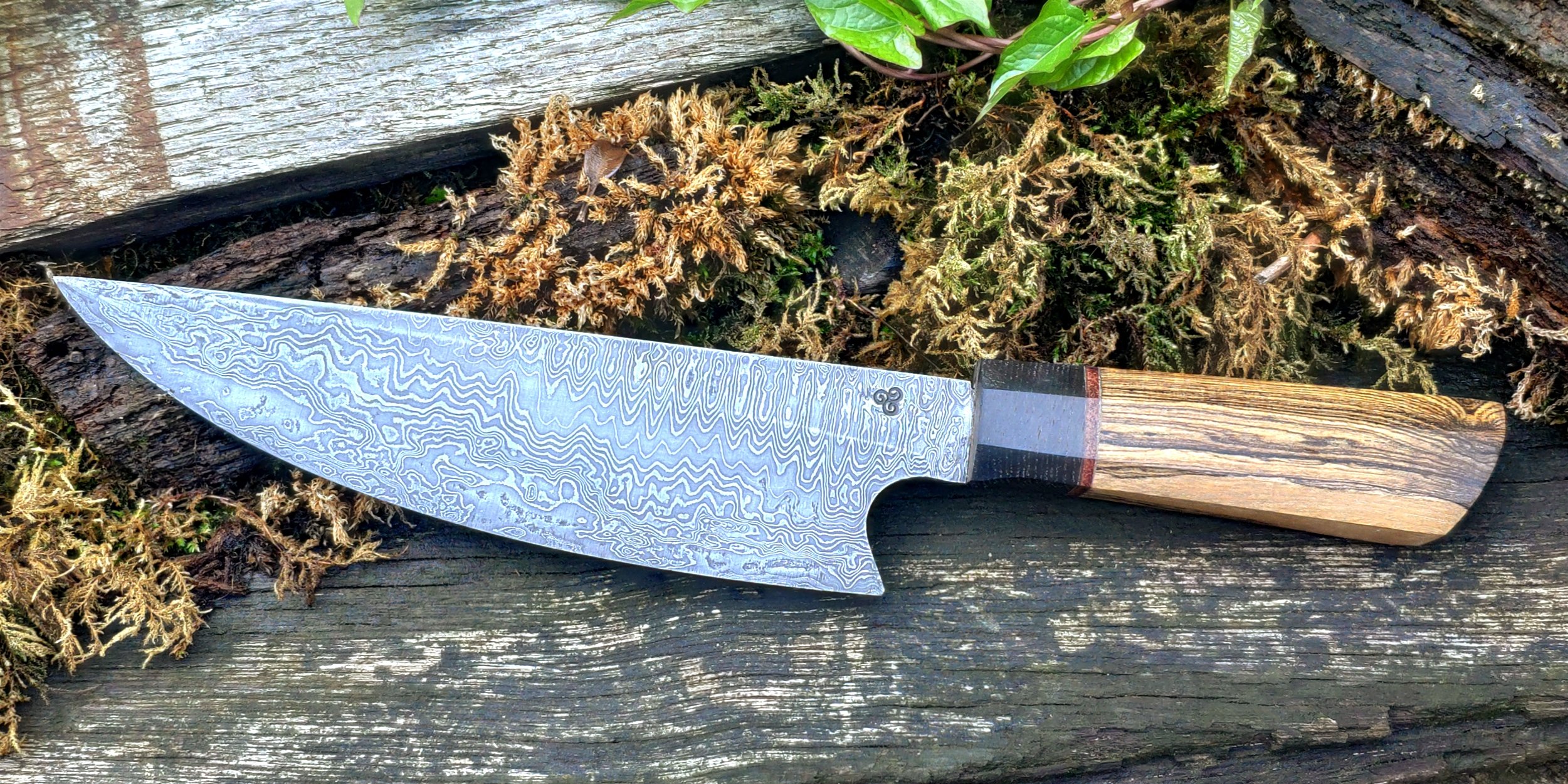 Bocote Hand Forged Damascus Chef Knife with Aged Bronze Bolster