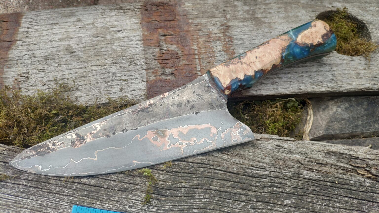 Copper san mai chef knife with burl and resin handle