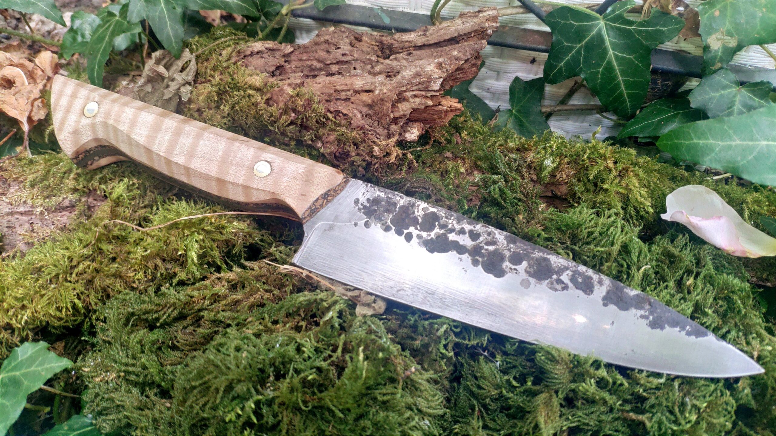 Hand Forged Chef Knife — 6 inch Blade — Full Tang Handle with Ripple Maple